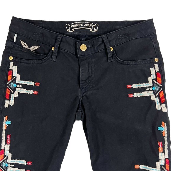 Vtg Y2K Robins Jeans Stretch Blk Denim Low Rise Chapa Embroidered Navaho Aztec - Picture 2 of 16